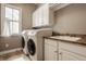 Bright laundry room features white cabinets, sink, and modern washer and dryer, complemented by a window at 12813 Chapel Square St, Carmel, IN 46032