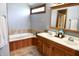 The primary bath features a corner tub, double sink vanity with wood cabinets and a framed mirror at 13116 N Departure W Blvd, Camby, IN 46113