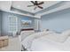 Comfortable main bedroom has a tray ceiling, large windows, a flat-screen television, and soft textures at 13245 E 131St St, Fishers, IN 46037