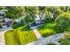 Aerial view of a beautiful home with a well-manicured lawn, mature trees, and a swimming pool nearby at 3771 Lakewood Dr, Greenfield, IN 46140
