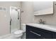 Bathroom featuring a vanity with sleek fixtures, and a glass enclosed shower at 434 E New York St, Indianapolis, IN 46202