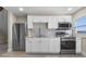 This kitchen features white cabinets, stainless steel appliances, and stylish backsplash at 434 E New York St, Indianapolis, IN 46202