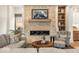 Cozy living room with a stone fireplace, built-in shelves, comfortable seating, and modern decor at 583 Exmoor Dr, Carmel, IN 46032