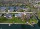 Aerial view of waterfront property with lake access, docks, and lush greenery at 315 Sunset Dr, Columbus, IN 47201