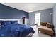Cozy bedroom with a blue accent wall, comfortable bed, and sitting area near a bright window at 3724 W 42Nd Ter, Indianapolis, IN 46228