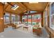 Inviting sunroom with wood paneled walls, skylights, a ceiling fan, and views of the yard and pool at 5116 Norway Dr, Indianapolis, IN 46219