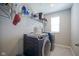 Organized laundry room equipped with front-load washer and dryer, wire shelving, and ample storage space at 7140 Leatherwood Dr, Indianapolis, IN 46259