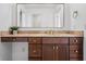 Bathroom vanity with marble countertop, dark wood cabinets, a gold faucet, and a rectangular mirror at 9769 Marina Village Dr, Indianapolis, IN 46256