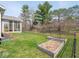 This backyard includes two raised garden beds, a black metal fence, and a screened-in patio at 9831 N Port Dr, McCordsville, IN 46055