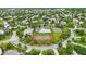 Aerial shot showcases the community pool, tennis courts and surrounding homes nestled in a serene, lush neighborhood at 11974 Volcanic Rock Dr, Fishers, IN 46037