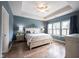 Beautiful main bedroom with a tray ceiling, hardwood floors, and stylish furnishings at 15591 Heatherbank Dr, Westfield, IN 46074