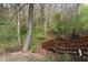 Wooded backyard with wooden stairs leading down from the home through a lush, natural setting at 2170 Running Brook Ln, Greenwood, IN 46143