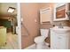 A bathroom featuring a white toilet and sink with storage cabinet, and a mirrored medicine cabinet at 218 Demarest Dr, Indianapolis, IN 46214