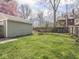 Large back yard with green grass and a fire pit is bordered by wood fencing at 317 E 37Th St, Indianapolis, IN 46205