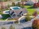 Aerial view of a community pool house with surrounding foliage, parking and dual covered pools at 4196 Parliament Way, Avon, IN 46123