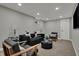 Cozy basement living area features neutral paint, carpeted flooring, recessed lighting, and modern furniture at 4721 Ralston Ave, Indianapolis, IN 46205