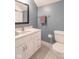 Bathroom with white vanity, toilet, mirror, and towel rack against light blue walls at 633 Foxboro Dr, Avon, IN 46123