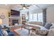 Cozy living room with a stone fireplace, coffered ceiling, and comfortable seating arrangement at 633 Foxboro Dr, Avon, IN 46123