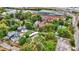 Aerial view of community gathering space with covered shelter, picnic tables, fire pit and lush surrounding trees at 634 Dorman St, Indianapolis, IN 46202