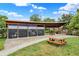 Inviting covered community space with picnic tables, chalkboard walls, and lush green surroundings, perfect for gatherings at 634 Dorman St, Indianapolis, IN 46202