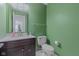 Green-walled bathroom features a marble-topped vanity with dark wood cabinets and a standard toilet at 10221 Tournon Dr, Fishers, IN 46037