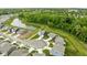 Aerial view of a new home development including houses, yards, and a scenic pond at 1024 Cyprian Way, Lebanon, IN 46052