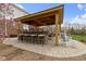 Covered outdoor kitchen featuring stone bar with seating, dining set, and rocking chairs at 12030 Auburn Creek, Zionsville, IN 46077
