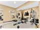 Well equipped home gym with mirrors and multiple workout machines at 13214 Mink Ln, Carmel, IN 46074