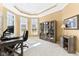 Bright office space featuring tray ceilings, large windows, and custom built-in cabinetry at 13214 Mink Ln, Carmel, IN 46074