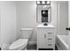 Bright bathroom featuring a modern vanity with sleek hardware, white toilet, and framed mirror at 1331 W 33Rd St, Indianapolis, IN 46208