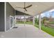 Covered patio with ceiling fans offering views of the landscaped backyard, perfect for outdoor relaxation and dining at 2736 Victory Dr, Columbus, IN 47203