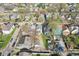 An aerial view showcases the neighborhood's neatly arranged houses with tree-lined street at 422 N Oxford St, Indianapolis, IN 46201