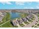 Wide aerial showing a community with attractive homes, green spaces, pond with fountains, and winding pathways at 622 Ehrlich Ln, Westfield, IN 46074