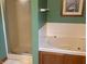 Bathroom showcasing a soaking tub, separate shower, and white tiled accents against a green wall at 7664 Lincoln Trl, Plainfield, IN 46168