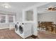 Bright laundry room with newer washer and dryer and convenient access to the dining room at 211 N Merrill St, Fortville, IN 46040
