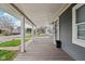 View of the covered porch with a gray exterior, white columns, and a gray door at 2336 St Paul St, Indianapolis, IN 46203