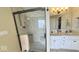 A luxurious bathroom featuring a double vanity and walk-in shower with glass door at 3806 Sycamore Bend S Way, Columbus, IN 47203
