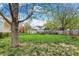Large backyard features a storage shed, play structure, fire pit, and mature trees, offering ample space and storage at 594 N Shore Blvd, Franklin, IN 46131