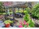 Inviting patio features a dining set beneath a pergola, complemented by vibrant greenery and manicured landscaping at 7531 Normandy Blvd, Indianapolis, IN 46278