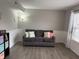 Comfortable living room features a gray sofa with decorative pillows and wood-look flooring at 13993 Whittier Dr, Fishers, IN 46038