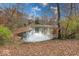 A serene backyard view showing a small lake and the surrounding foliage at 268 E Hoover Dr, Princess Lakes, IN 46164