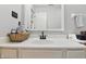 Modern bathroom featuring a vanity with a decorative basket and a large, well-lit mirror at 5710 Dapple Trce, Indianapolis, IN 46228