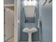 Charming powder room with pedestal sink and blue walls at 12658 Watford Way, Fishers, IN 46037