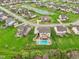 Aerial view of a manicured property featuring a backyard pool, playground, and lush landscaping at 13974 Nina Dr, Carmel, IN 46074