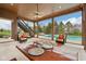 Spacious screened patio with seating area, table, and views of the pool and backyard at 13974 Nina Dr, Carmel, IN 46074