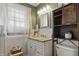 Charming bathroom with stylish vanity, mirror, and rustic wood accents at 443 S Arlington Ave, Indianapolis, IN 46219