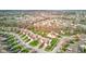 Overhead view of the community showing a mix of homes, streets, landscaping, and nearby water features at 7150 Brant Pointe Cir, Indianapolis, IN 46217