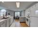 An open kitchen with an island, stainless steel sink, and views of the dining area at 7150 Brant Pointe Cir, Indianapolis, IN 46217