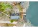 Aerial view of a charming waterfront home with a private dock, surrounded by lush greenery and tranquil lake waters at 7591 Inkbush Dr, Nineveh, IN 46164