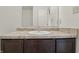 Bathroom features a vanity with dark wood cabinets, sink and large mirror at 10016 Jenna Ln, Indianapolis, IN 46239